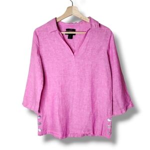 Tahari 100% Linen Pink Tunic Top Split V-Neck 3/4 Sleeve Side Button Hem Small